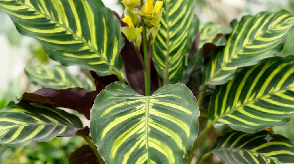 wilson's princep calathea with large wavy elliptical leaves and yellow-green bands beside the midrib