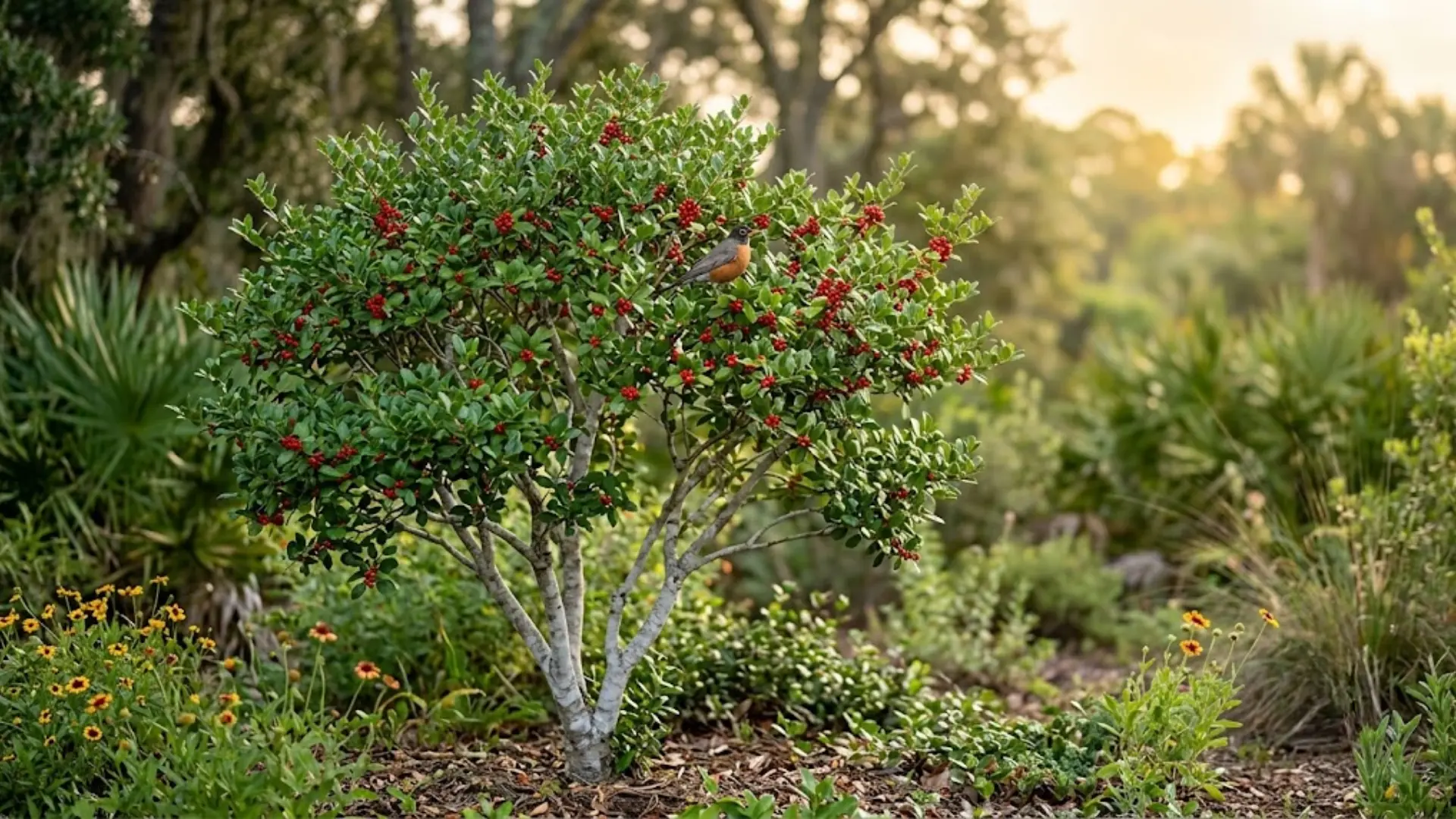 yaupon holly tree covered in red berries with a small bird perched among leaves in a sunlit garden