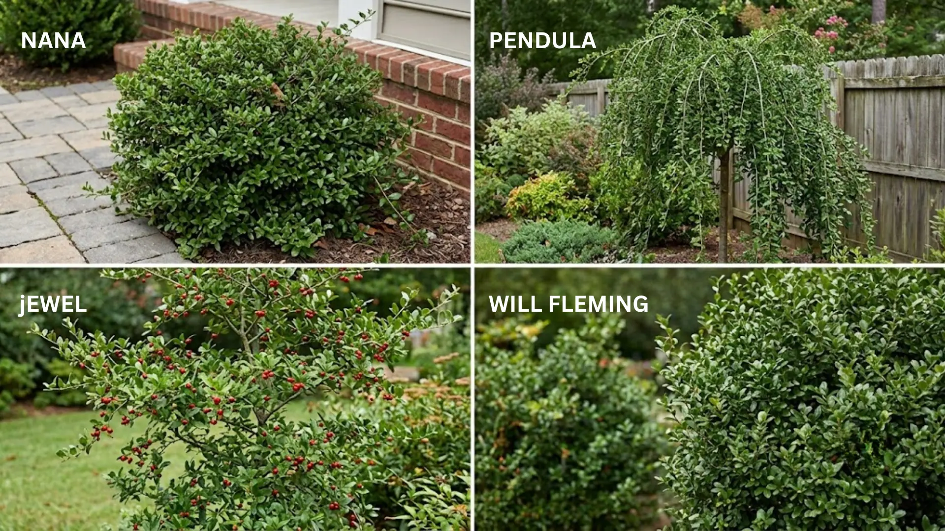 four garden views of green holly shrubs including rounded weeping and red berried forms near paths and fences