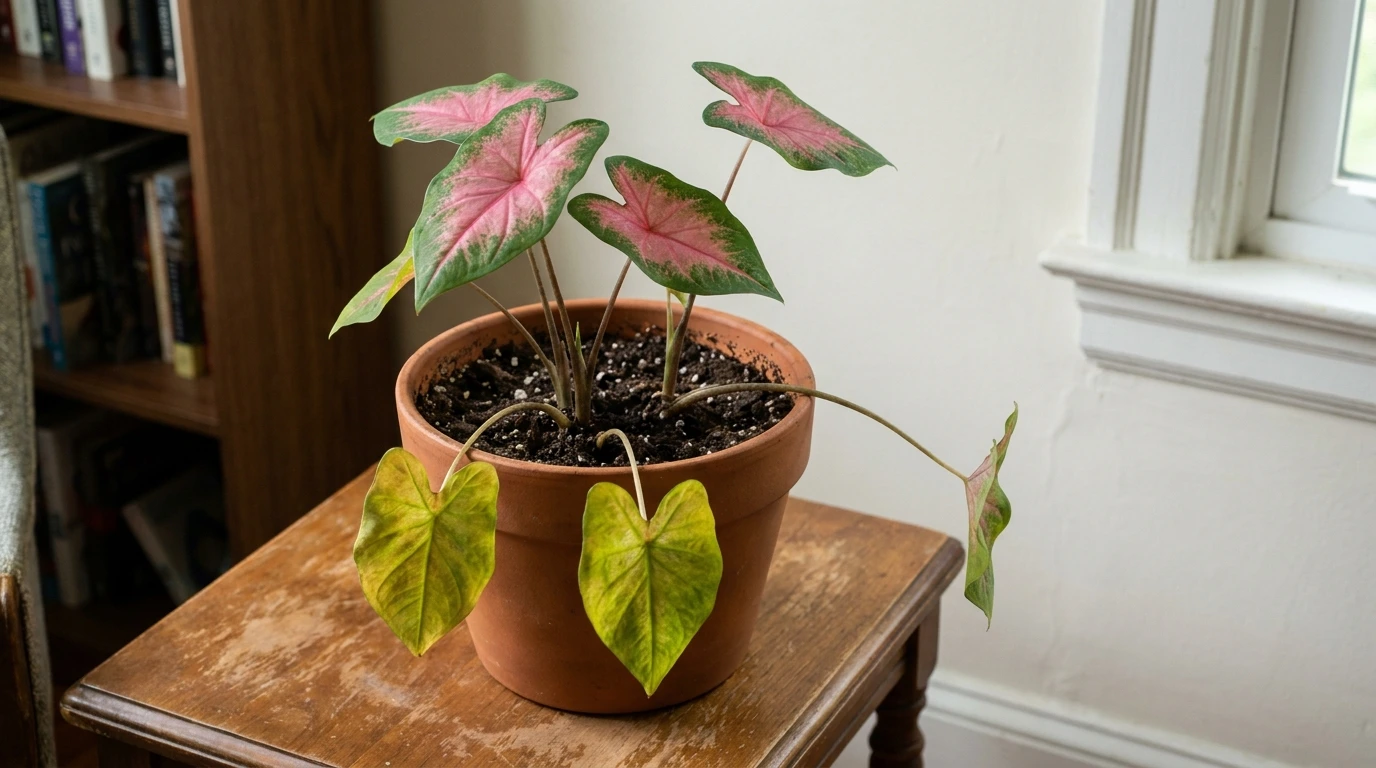 pink caladium in a terracotta pot with older yellow leaves drooping near the base beside a home window