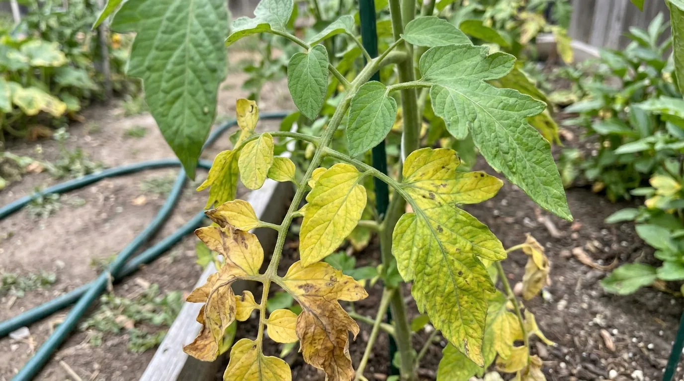 tomato plant branch showing lower leaves turning yellow and brown while upper leaves stay green