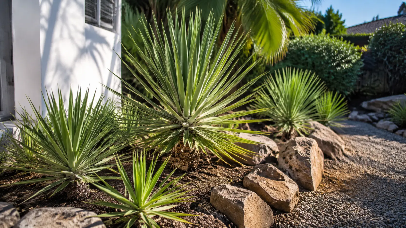 outdoor yucca plants growing in sunny dry garden landscape with rocks and open space for healthy growth