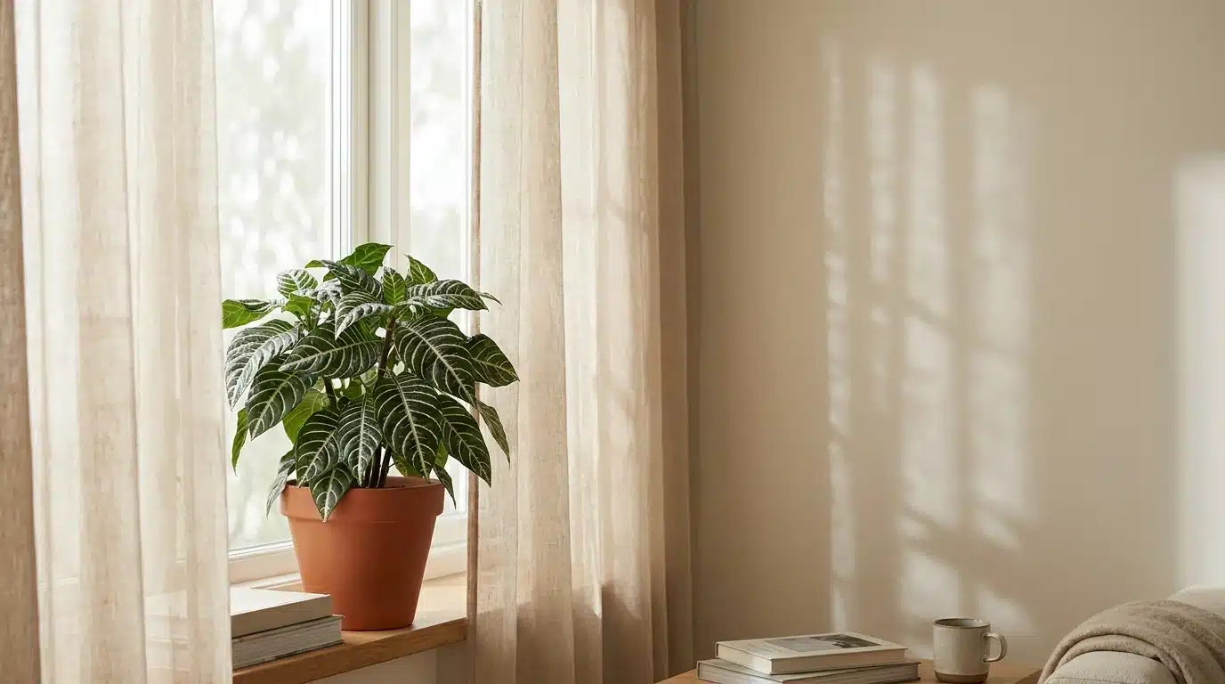 zebra plant in a terracotta pot receiving soft filtered daylight through sheer curtains by a window