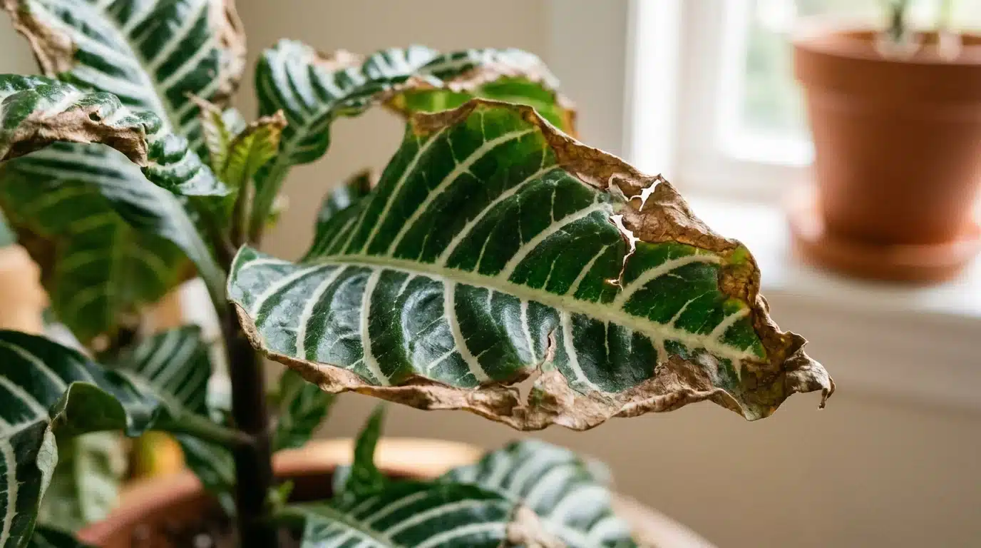 close view of zebra plant leaves with brown crispy edges and dry patches near a bright window