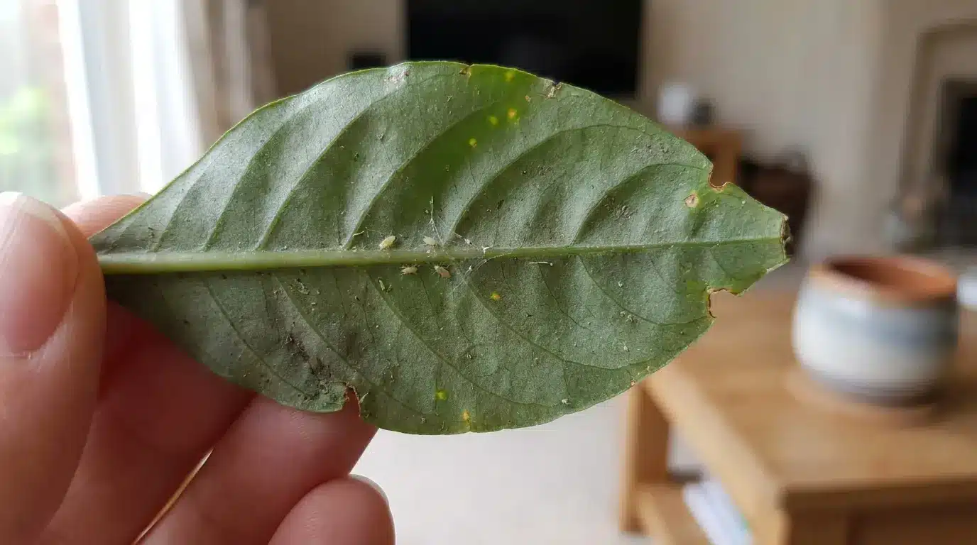 close view of the underside of a zebra plant leaf showing small pests and minor feeding damage