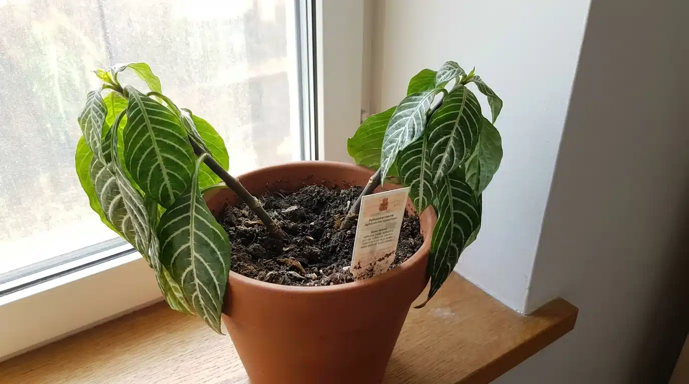 drooping zebra plant with limp striped leaves in a terracotta pot placed beside a bright window