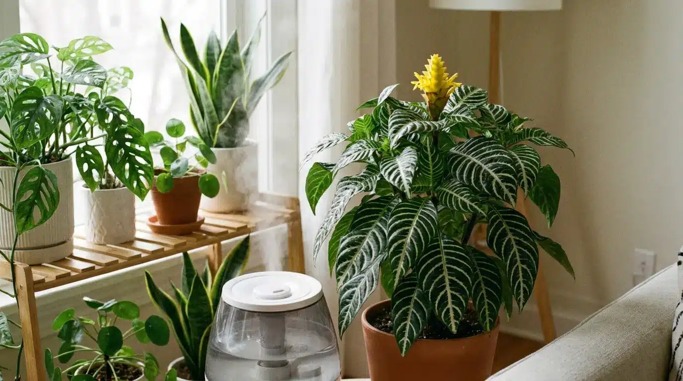zebra plant beside a small humidifier and other houseplants near a bright living room window