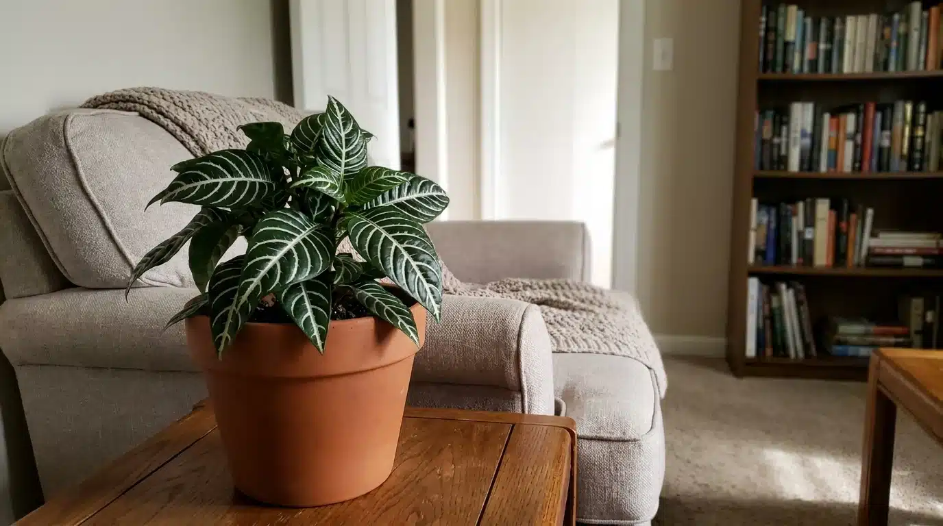 healthy zebra plant in a terracotta pot placed in a warm living room away from direct airflow