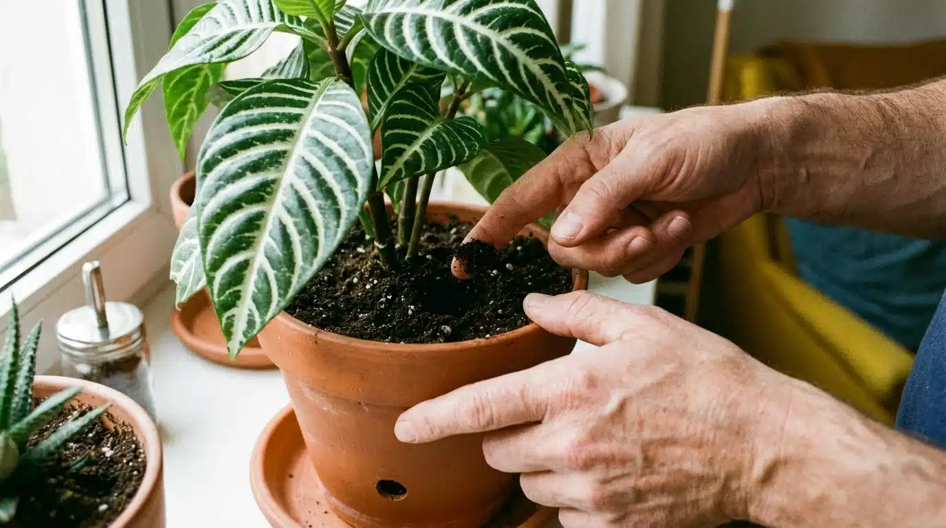 person checking the soil moisture of a potted zebra plant with fingers beside a bright window