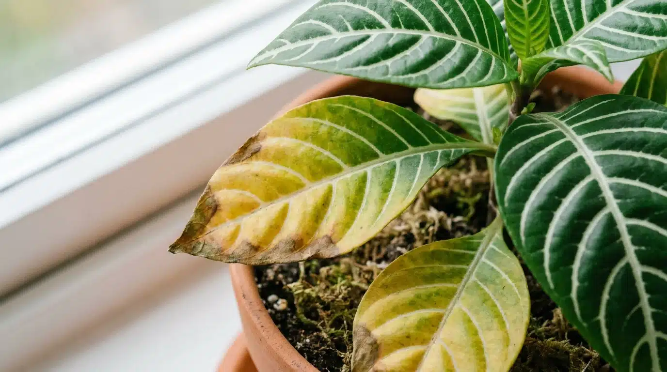 zebra plant with yellowing lower leaves and brown edges growing in a terracotta pot by a window