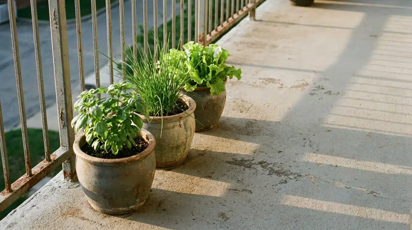 Potted herbs and lettuce growing on a sunny concrete balcony