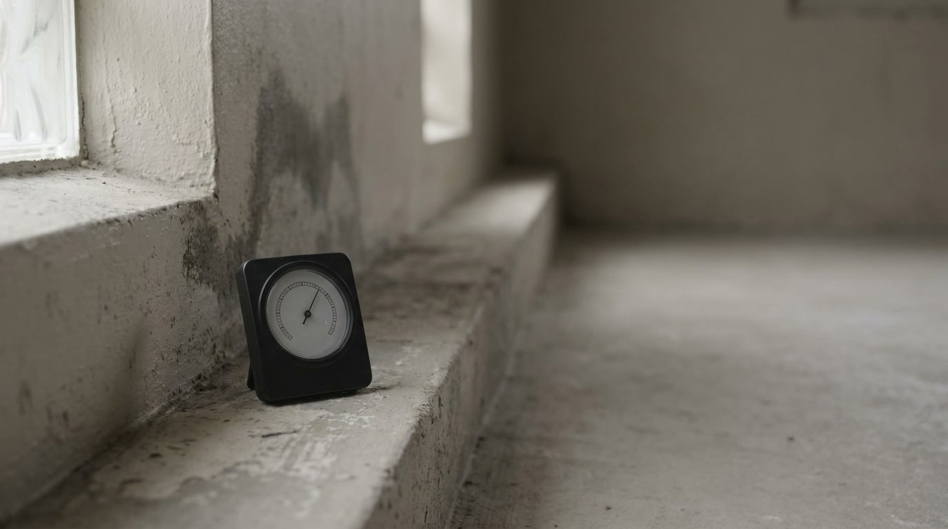 Black analog clock sitting on a concrete windowsill in dimly lit room