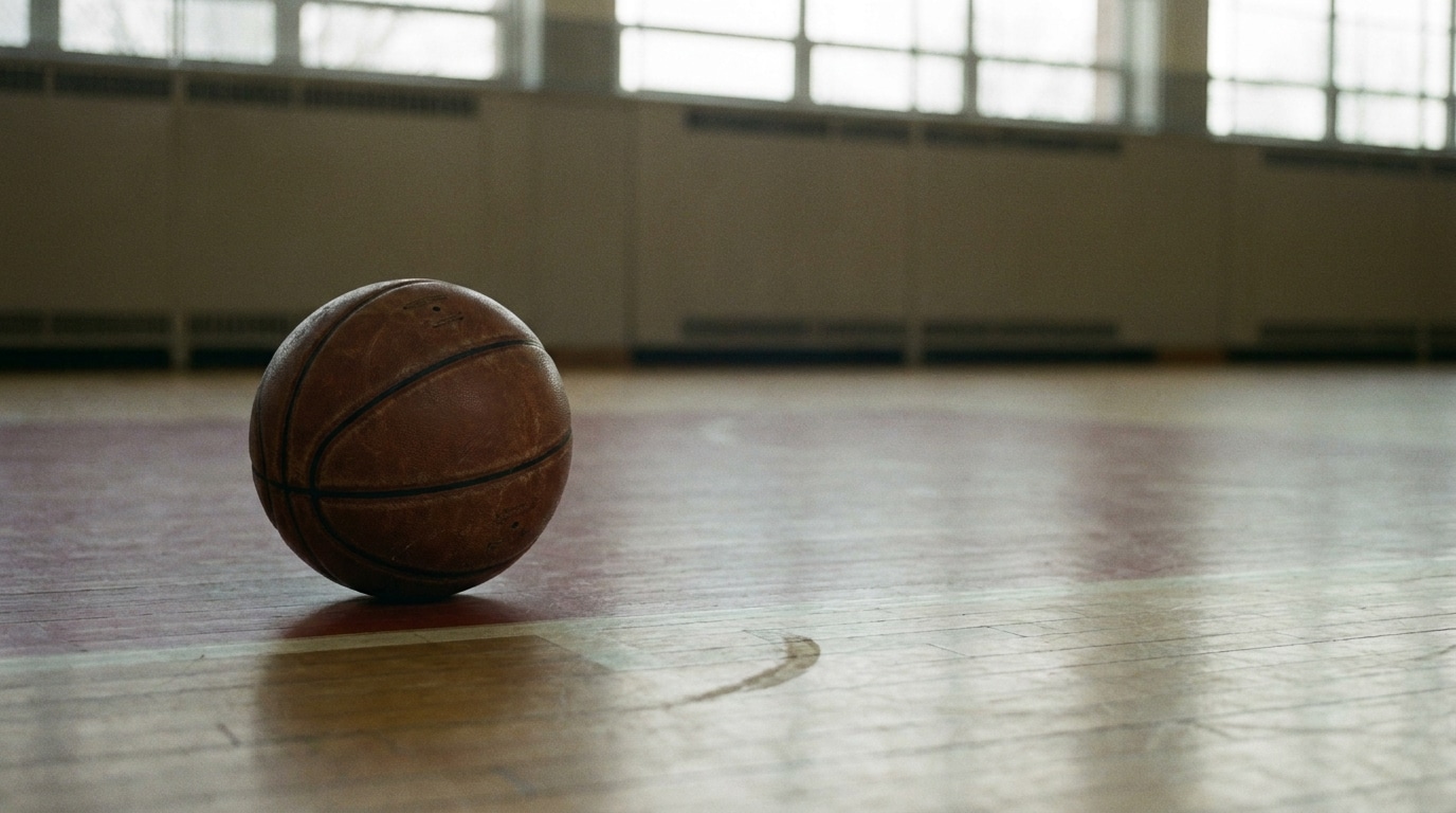 Basketball resting on wooden court floor under soft natural light