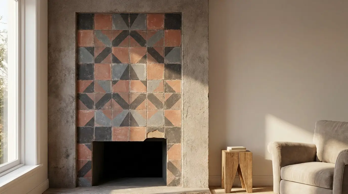 Tiled fireplace with geometric pattern beside beige armchair and wooden side table in sunlit living room