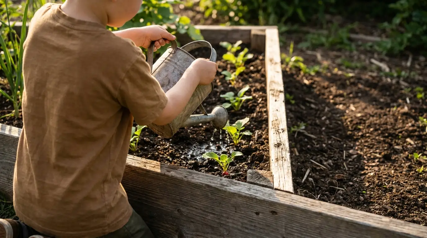 Child watering plants in a raised garden bed during a sunny day