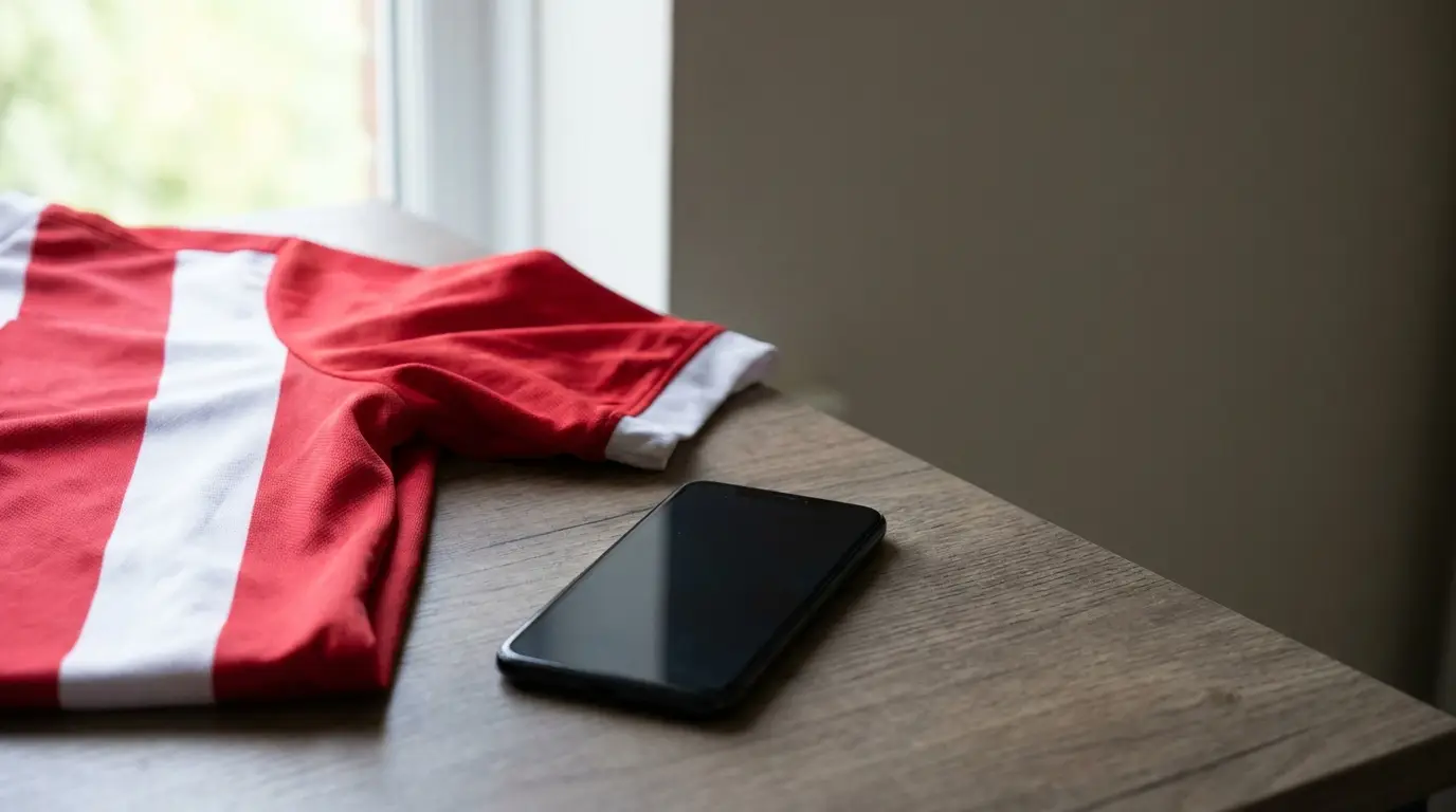 Red and white sports jersey and smartphone on wooden table by window