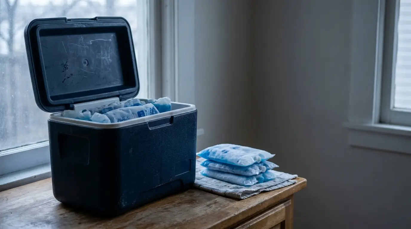Open insulated cooler on kitchen counter next to stacked frozen gel packs in soft window light