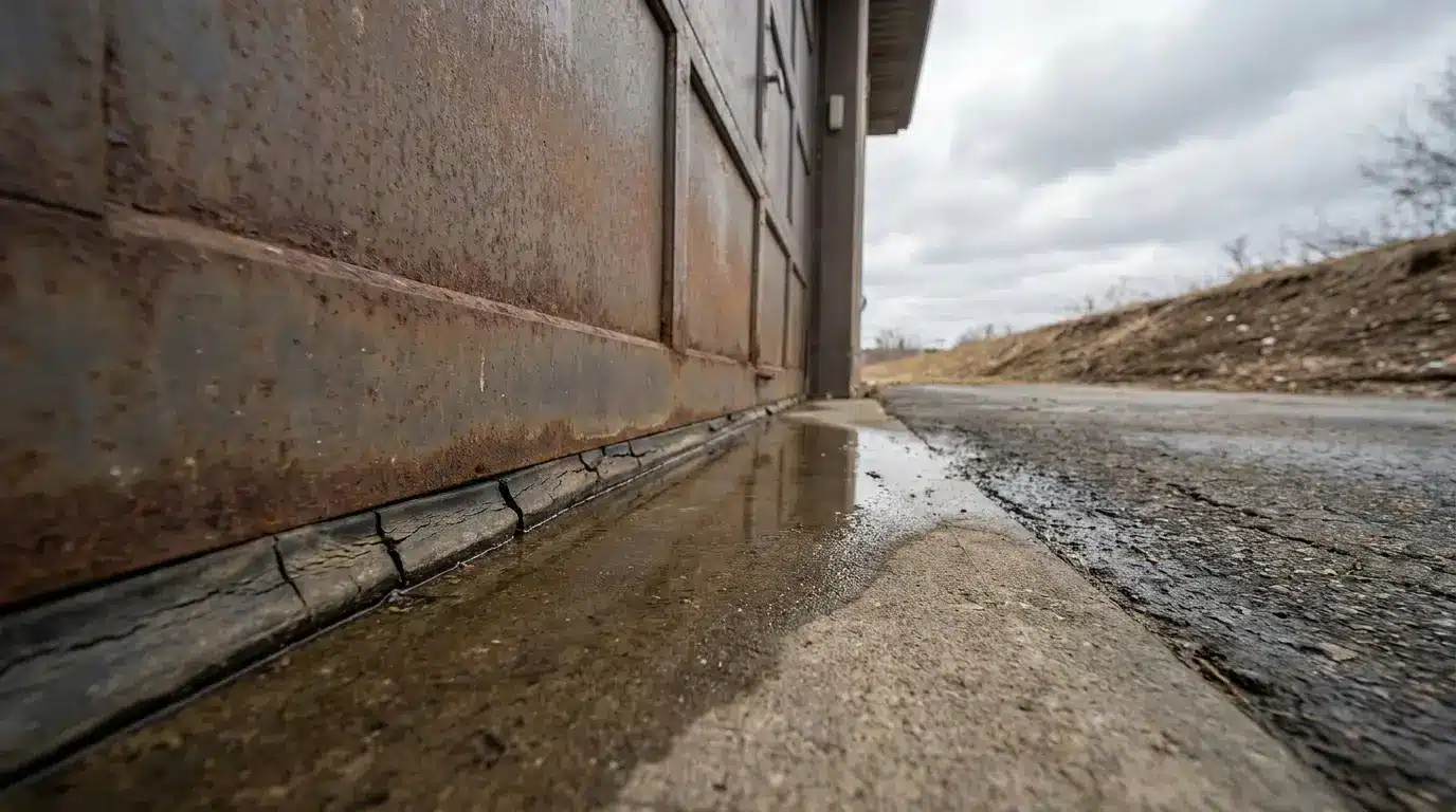 Close-up of rusted metal garage door with water puddle on cracked concrete driveway
