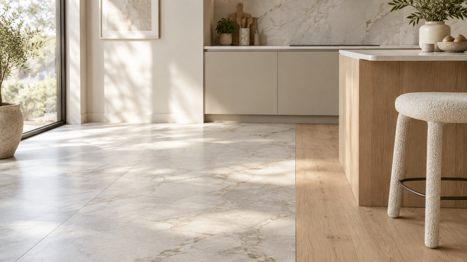 Modern kitchen with marble tiles, wooden island, and beige cabinets under natural daylight