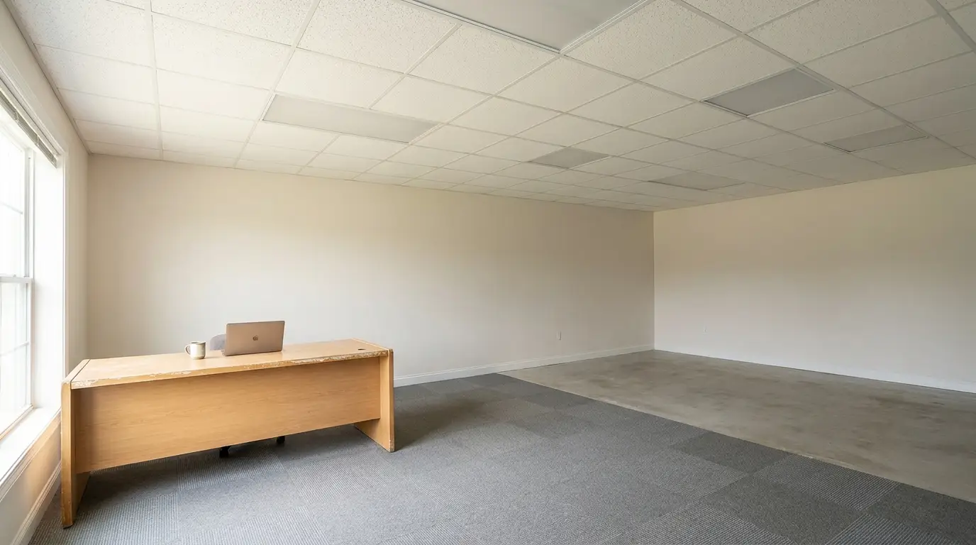 Empty office space with wooden desk, laptop, and mug near large window