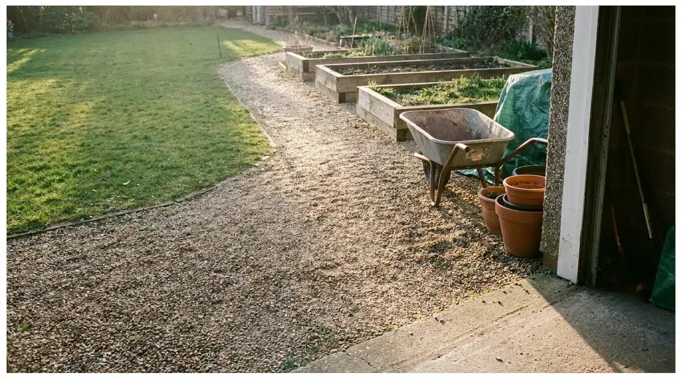 Wheelbarrow and pots near raised garden beds on gravel path in sunny backyard