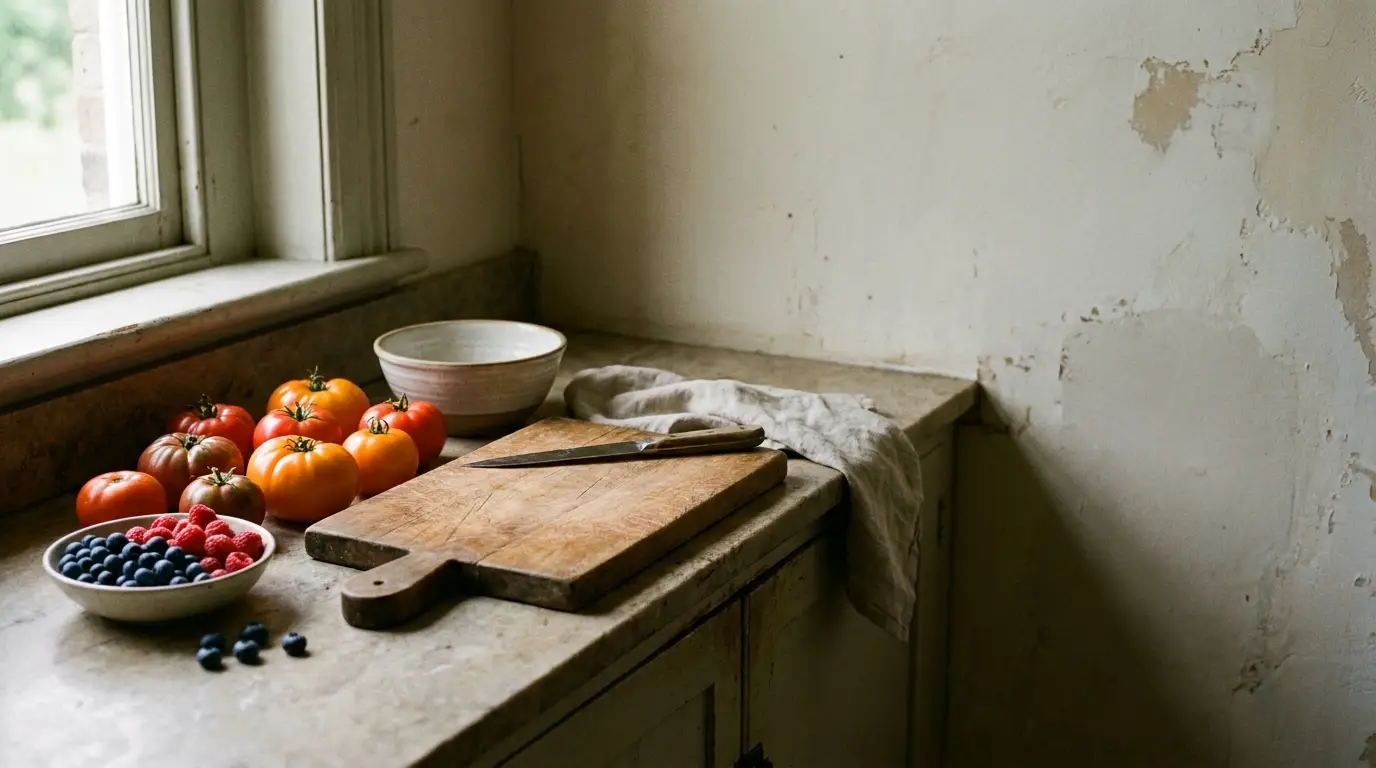 Fresh tomatoes and berries on kitchen countertop with wooden cutting board in natural light