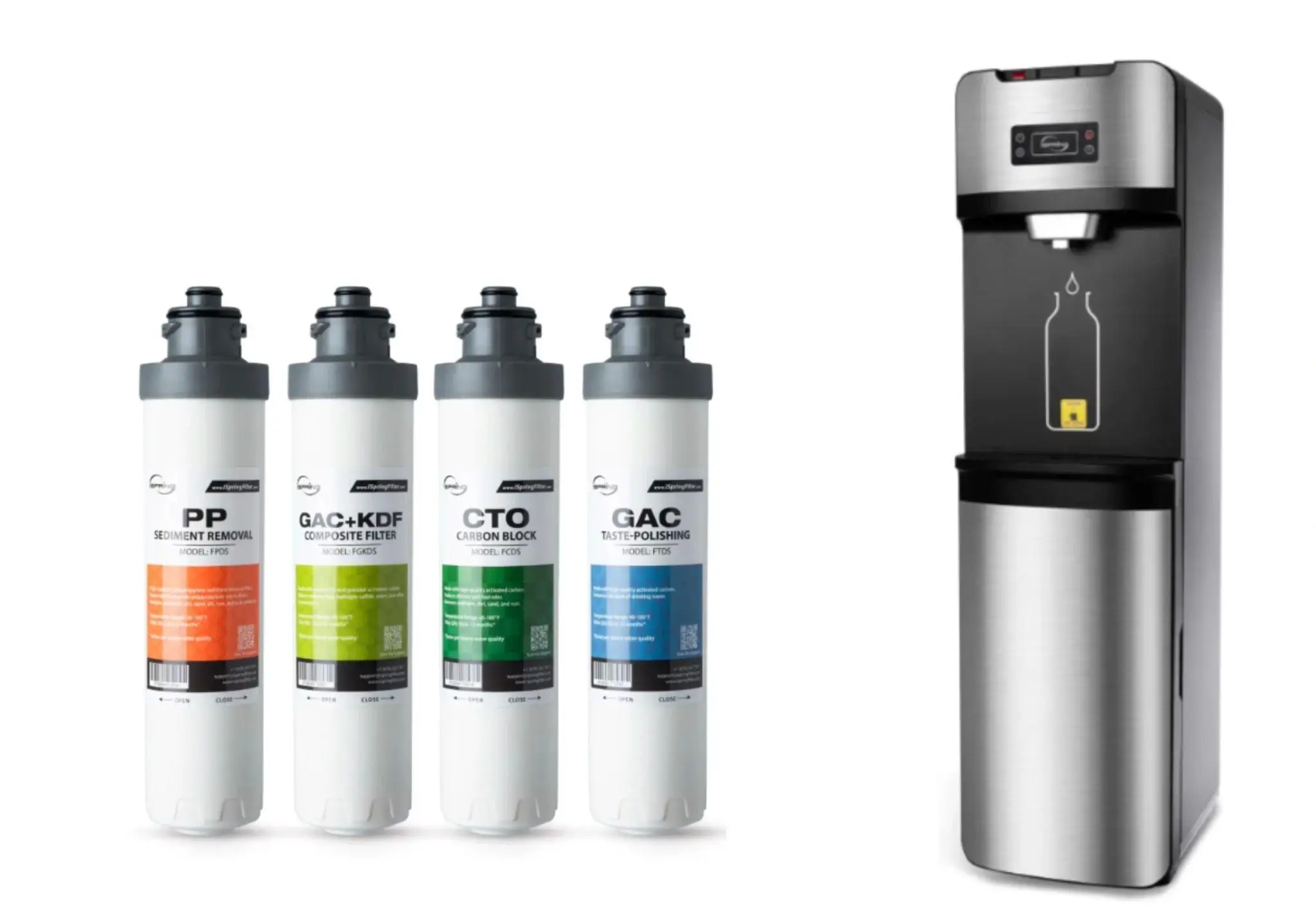 Water filter cartridges and stainless steel water cooler dispenser on white background