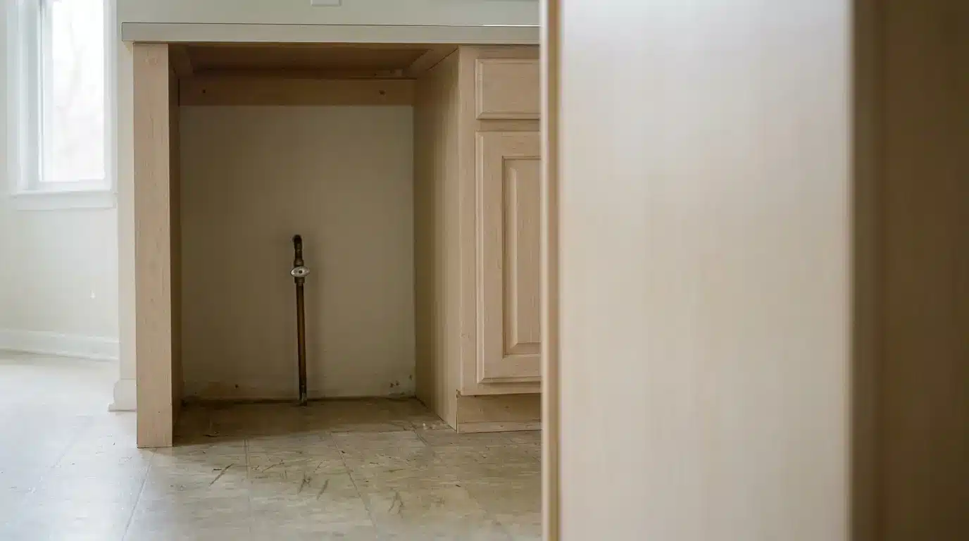 Unfinished kitchen cabinet with exposed pipe in bright room