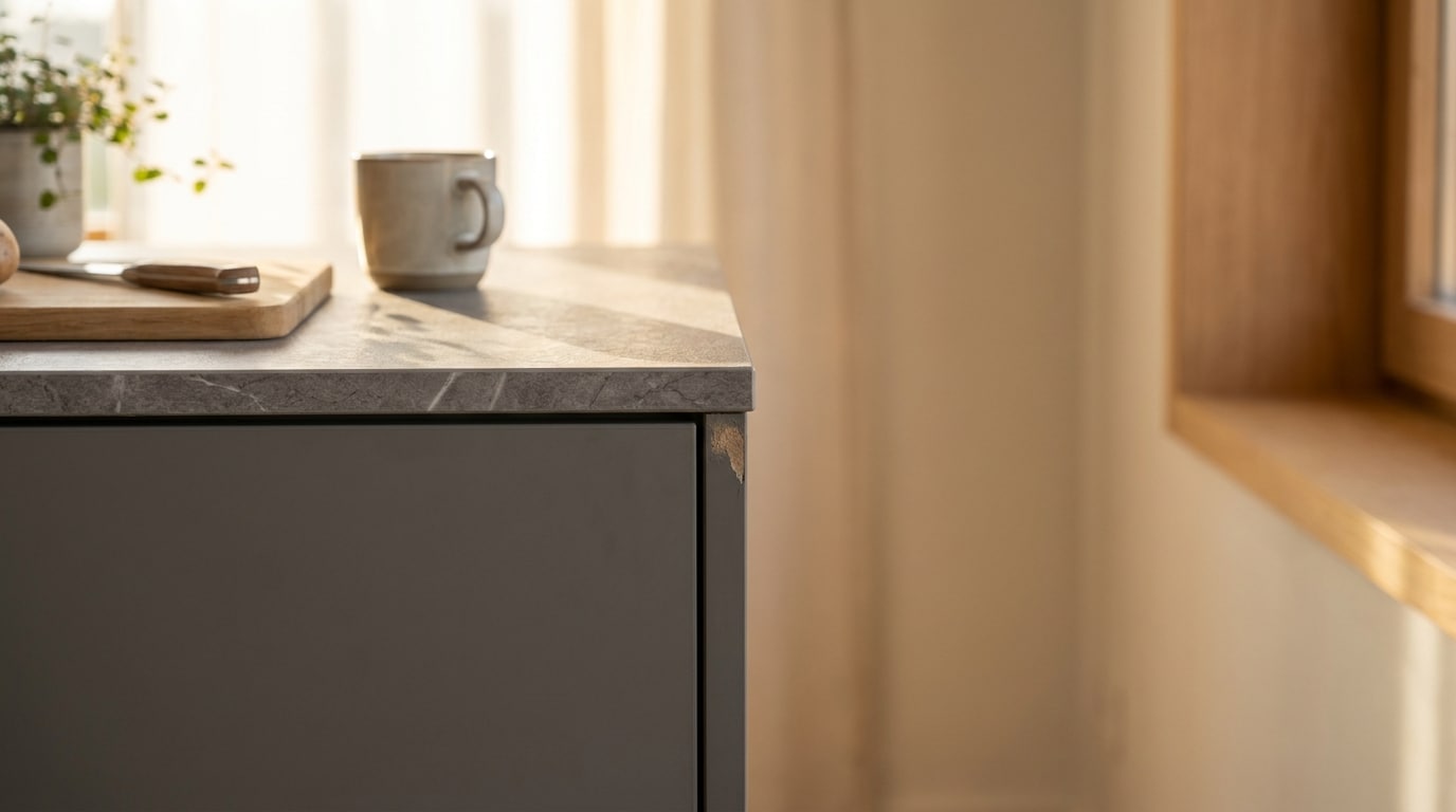 Gray marble countertop with wooden cutting board and coffee mug in soft natural light