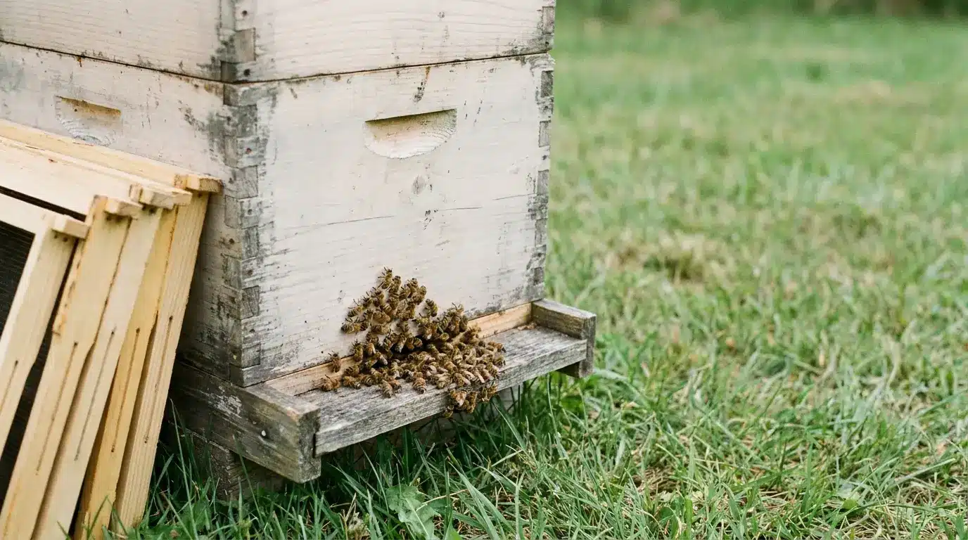 Bees clustering on wooden beehive entrance with grassy field backdrop