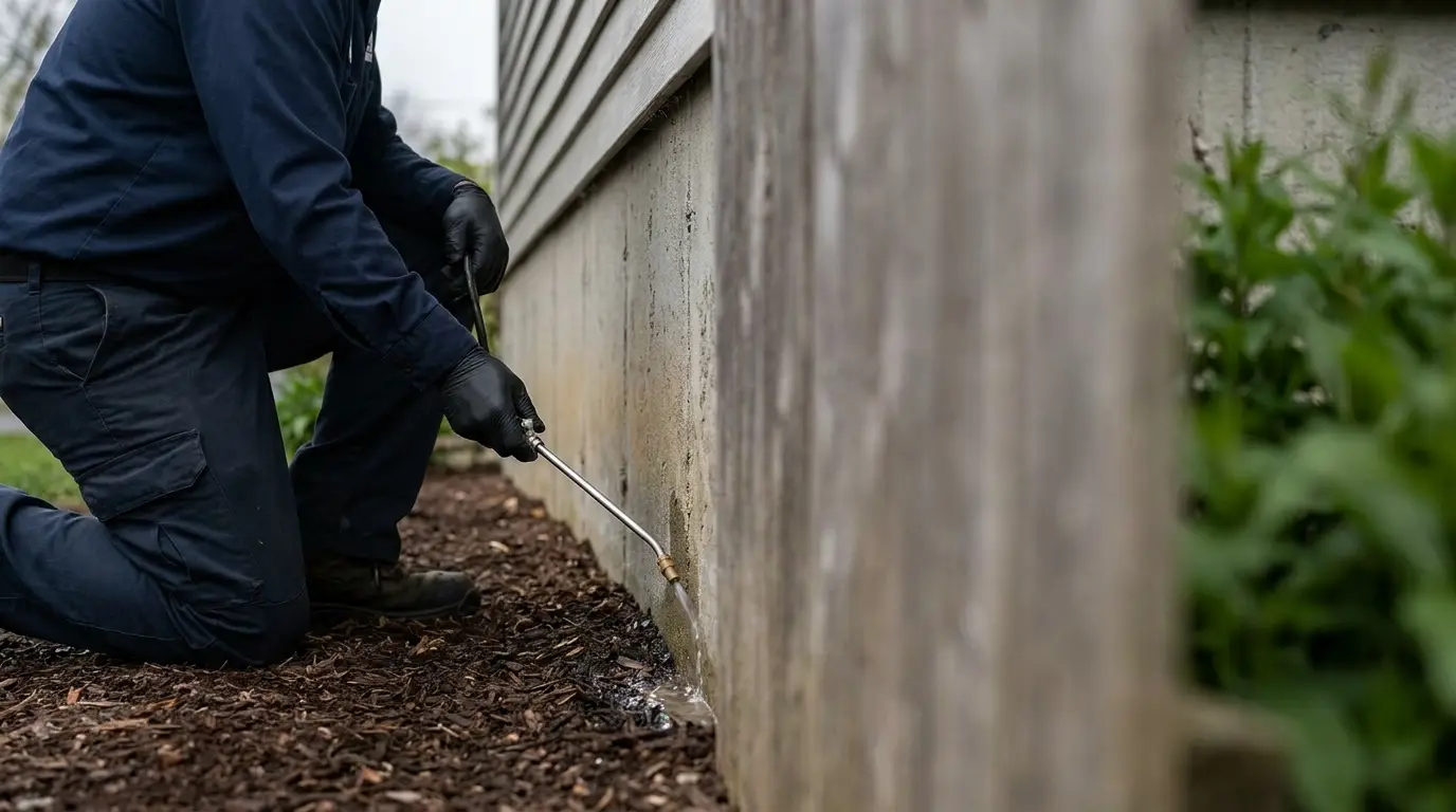Person in protective gloves applying pesticide along house foundation outdoors