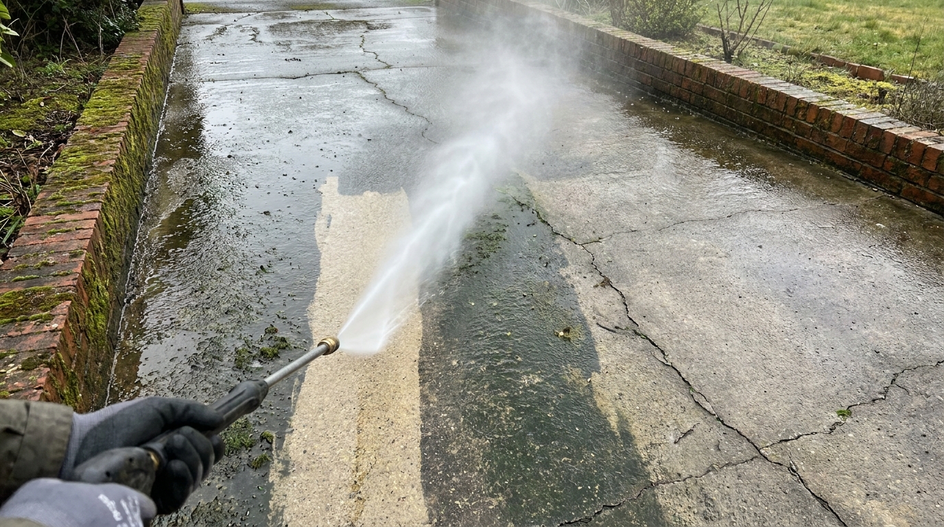 Person pressure washing a concrete driveway with visible grime and moss removal