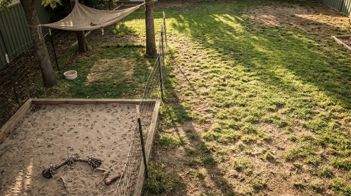 Sandy dog play area with rope toy and shade cloth in a sunny backyard
