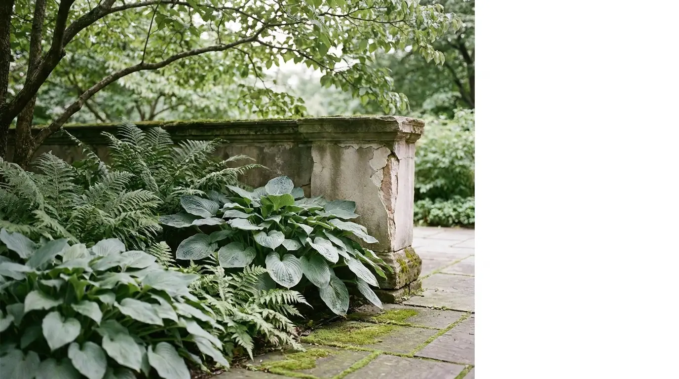 Lush green ferns and hostas beside worn stone wall in garden setting