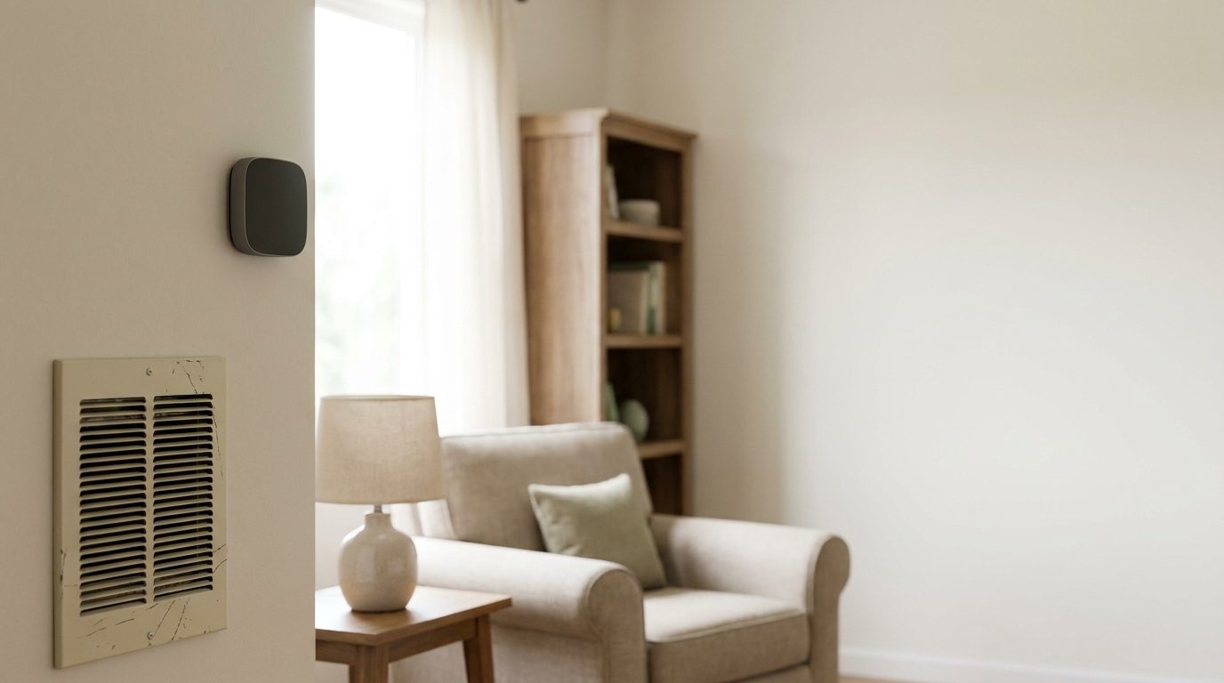 Modern living room with beige armchair, wooden bookshelf, and smart thermostat on the wall