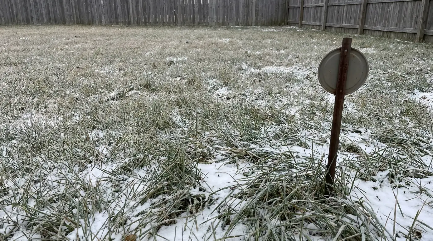 Snow-dusted grass in fenced backyard with circular metal yard marker nearby