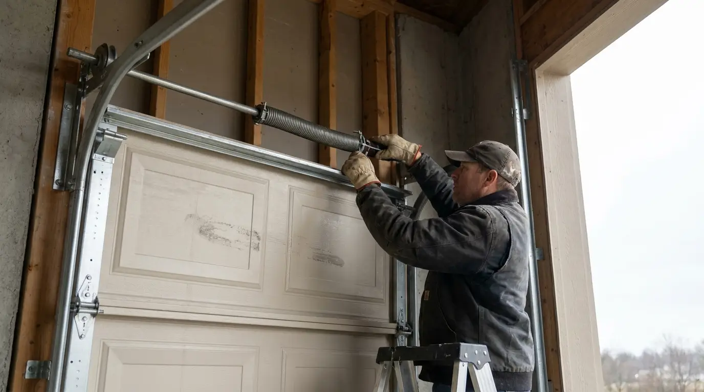 Man repairing garage door spring in unfinished garage wearing gloves and cap