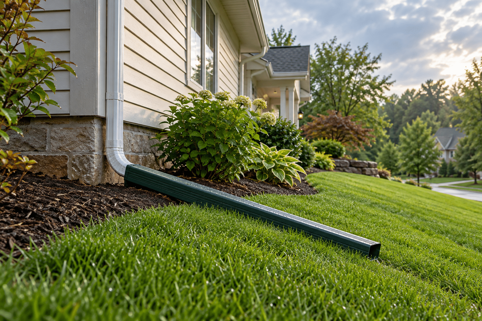 Downspout extension on residential lawn beside landscaped garden in suburban neighborhood